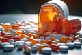 Prescription opioids with many bottles of pills in the background. Concepts of addiction, opioid crisis, overdose and