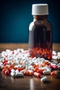 Prescription opioids with many bottles of pills in the background. Concepts of addiction, opioid crisis, overdose and