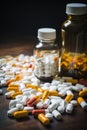 Prescription opioids with many bottles of pills in the background. Concepts of addiction, opioid crisis, overdose and