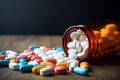 Prescription opioids with many bottles of pills in the background. Concepts of addiction, opioid crisis, overdose and