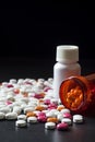 Prescription opioids with many bottles of pills in the background. Concepts of addiction, opioid crisis, overdose and