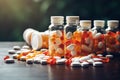 Prescription opioids with many bottles of pills in the background. Concepts of addiction, opioid crisis, overdose and
