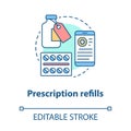 Prescription refills concept icon. Pharmacy idea thin line illustration. Medically prescribed drugs shopping