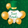 Happy Saint Patrick`s day with clover shamrock leaves, gold 3d balloons, hat on green background and empty space.