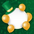Happy Saint Patrick`s day with clover shamrock leaves, gold 3d balloons, hat on green background and empty space. Royalty Free Stock Photo