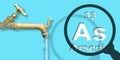 Presence of Arsenic in drinking water - concept with the Mendeleev periodic table, old water brass faucet and magnifying glass