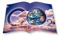 Presence of CO2 in the atmosphere - 3D rendering opened photobook concept with a NASA planet Earth image against a cloudy sky