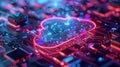 The presence of a glowing cloud symbol on a circuit board indicates the utilization of cloud computing technology and data storage