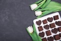 Box with chocolate sweets and tulips on dark background. Desert for Valentine Day Royalty Free Stock Photo