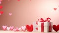 Present box with red hearts decorations on pink background. Valentines day