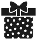 Present box with ribbon bow. Gift black icon