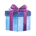 Present box watercolor drawing gift birthday. Anniversary holiday square object purple bow. Decoration ribbon isolated Royalty Free Stock Photo