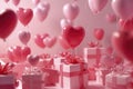 Present boxes and balloons on pink background