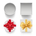 Present boxes with bows. Gifts celebration packages with colored ribbons red and golden vector template isolated Royalty Free Stock Photo