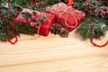 Present Boxes With Ribbons On Wooden Background