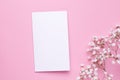 Present card with white flowers on pink pastel table top view and flat lay style. Fashion summer color.