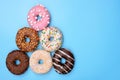 Present Christmas gift concept. Top above overhead flat-lay flatlay close up photo of lot of funny joking donuts making winter