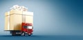 Present concept - Tir or truck carrying gift box. 3d rendering