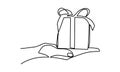 Present. Continuous line. Continuous line drawing of standing woman with Christmas gift. gift one line, without lifting