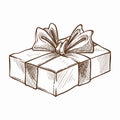 Present decorated with ribbon and row isolated icon vector monochrome sketch outline gift with surprise inside