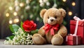 present funny teddy bear toy, romance gift box idea lovely bow, bokeh bouquets lily of valley flowers