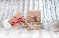 Present or gift box against bokeh background. Holiday greeting card on Birthday or Christmas. Royalty Free Stock Photo