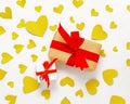 Present gift box flat lay. Top view valentines day decorations. Gift box red ribbon, green hearts. Happy Birthday banner Royalty Free Stock Photo
