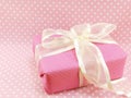 Present gift box with pink polka dot backgrounnd