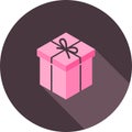 Present gift box with ribbon bows flat design illustration in circle icon. Isometric vector interface elements for app icon UI UX Royalty Free Stock Photo