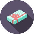 Present gift box with ribbon bows flat design illustration in circle icon. Isometric vector interface elements for app icon UI UX Royalty Free Stock Photo