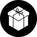 Present gift box with ribbon bows flat design illustration in circle icon. Isometric vector interface elements for app icon UI UX Royalty Free Stock Photo