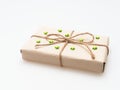 A present or gift box wrapped by rough brown recycled paper and tied with brown hemp rope as ribbon with green rubber star isolat Royalty Free Stock Photo