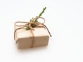 A present or gift box wrapped by rough brown recycled paper and tied with brown hemp rope ribbon with pine branch isolated on whit Royalty Free Stock Photo