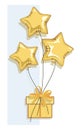 Present. Golden stars balloons. Falling gift box. Greeting card. Festive party. Celebrating birthday