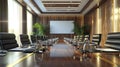 .Present an image of a boardroom scene with a polished wooden table