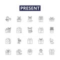 Present line vector icons and signs. Gift-wrap, Now, Offer, Show, Current, Exhibit, Exhibit-show, Exhibit-display