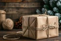 A present is neatly wrapped in brown paper and secured with twine, Vintage style gift box with brown paper and twine, AI Generated Royalty Free Stock Photo