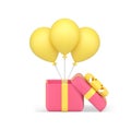 Present open gift box with helium air balloon holiday greeting celebration surprise 3d icon vector