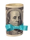 Present of roll of dollars with blue ribbon Royalty Free Stock Photo