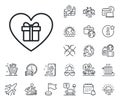 Love Gift box line icon. Present sign. Plane jet, travel map and baggage claim. Vector