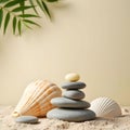 Tranquil Breeze: Seashells and Cooling Balm on a Tropical Pebble Stack Royalty Free Stock Photo