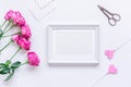 Present for woman with peony, frame, hearts top view space for text