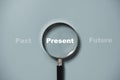 Present wording inside of Magnifier glass on blue background for focus current situation , positive thinking mindset concept Royalty Free Stock Photo