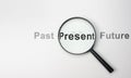 Present wording inside of Magnifier glass on white background for focus current situation, positive thinking mindset concept. Past
