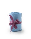 Present wrapped with blue paper with purple ribbon bow isolated on white background Royalty Free Stock Photo