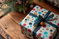 A present wrapped in polka dot paper with a blue ribbon, ready to be opened, Gift box with polka dot wrapping paper, AI Generated Royalty Free Stock Photo