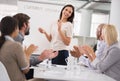 Presentation, applause and people in business meeting with goal, vision or teamwork celebration. Training, success and Royalty Free Stock Photo