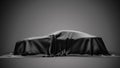 Presentation car under black cloth on gray background. 3d rendering