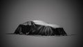 Presentation car under black cloth on gray background. 3d rendering