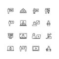 Presentation and conference symbols. Training and learning line icons. People group in class outline pictograms vector